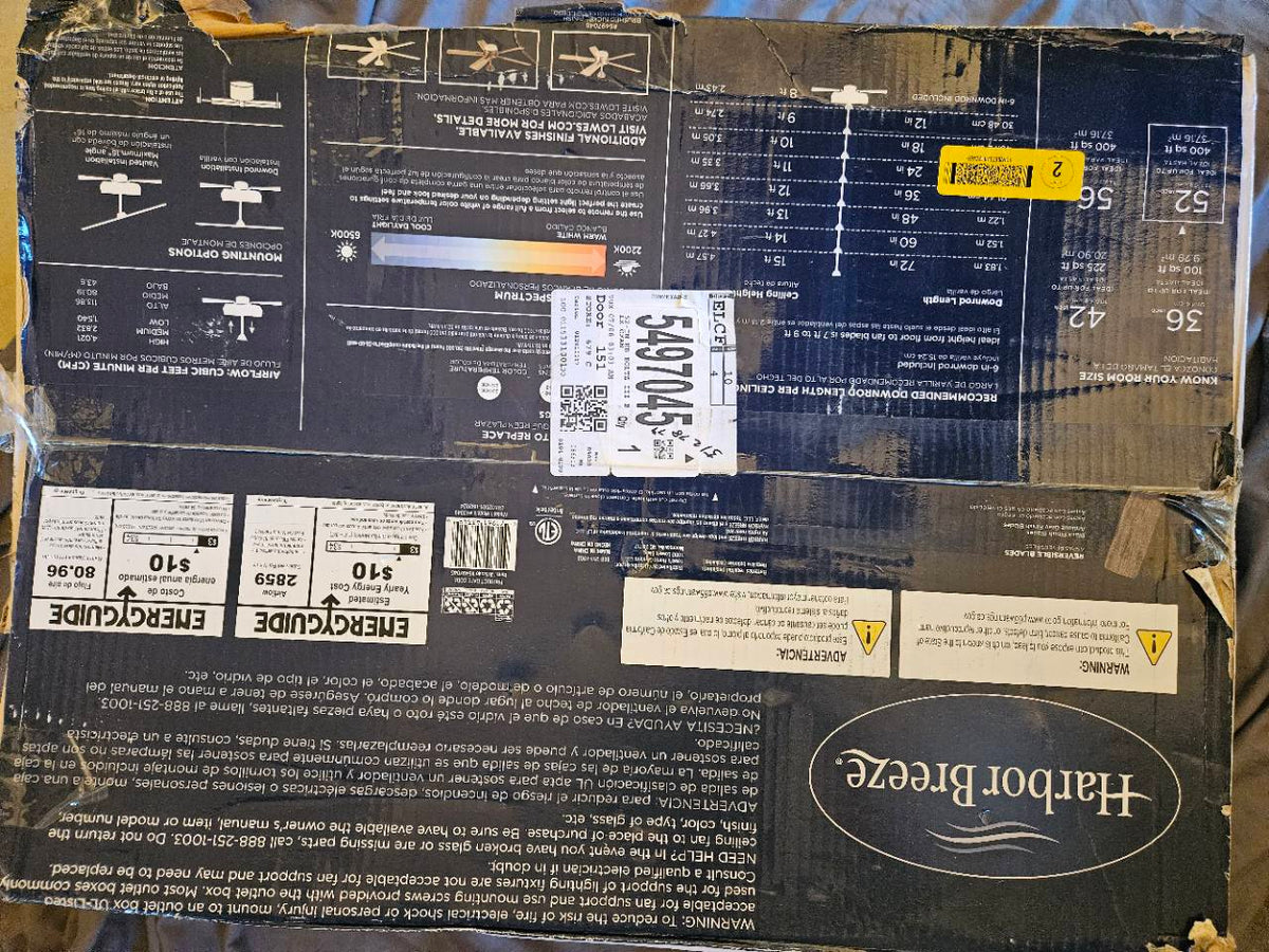 Harbor Breeze Boltz III box rear specifications and damaged packaging