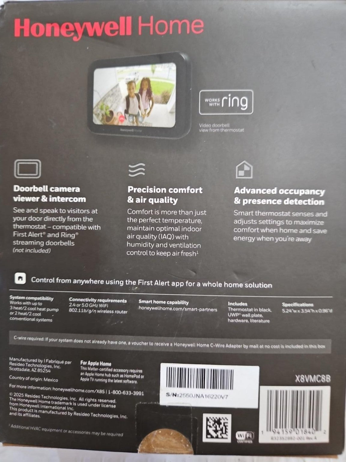 Honeywell Home X8S Smart Thermostat back retail box