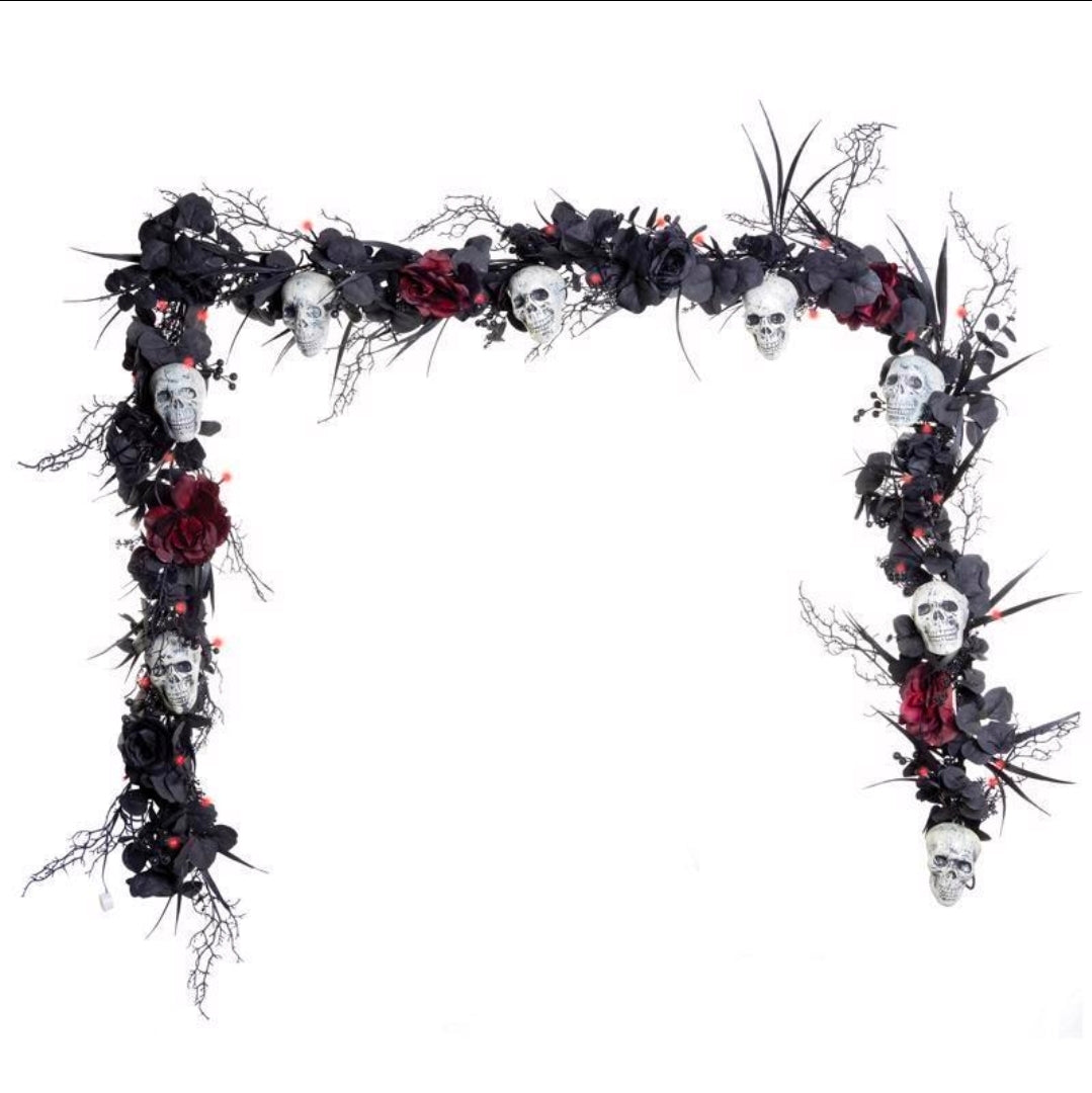Celebrations 9 ft. LED Lighted Halloween Skull Garland – Black & Red, Battery Operated