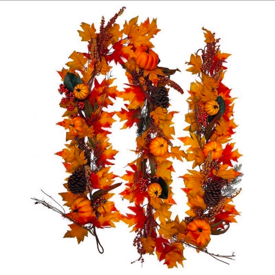 Celebrations 9 ft. Unlit Fall Leaves Garland – Pumpkins, Berries & Pinecones