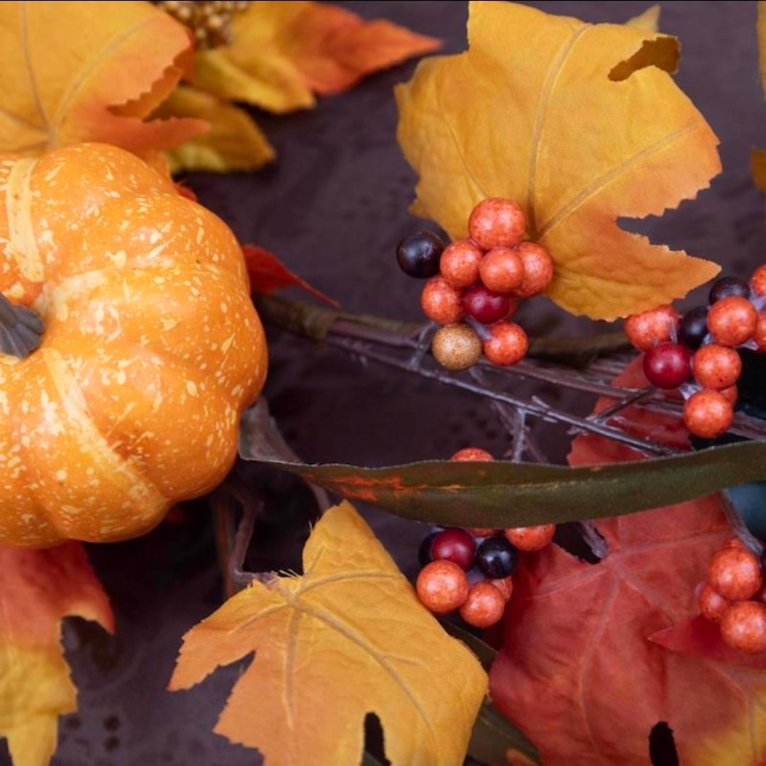 Celebrations 9 ft. Unlit Fall Leaves Garland – Pumpkins, Berries & Pinecones