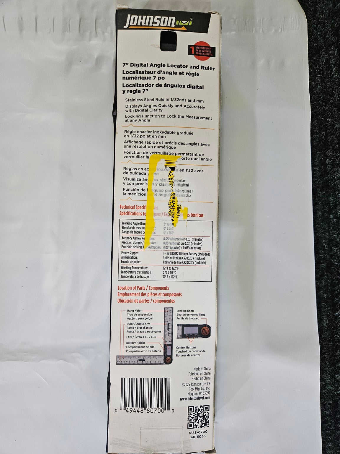 Johnson 7-inch digital angle locator back packaging