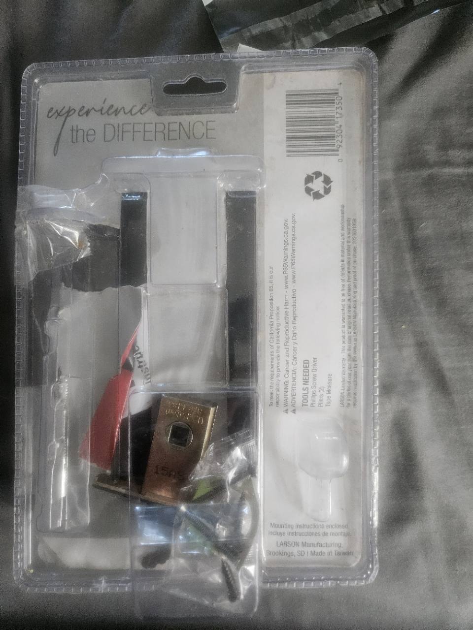 Larson storm door mortise set actual package back and hardware
