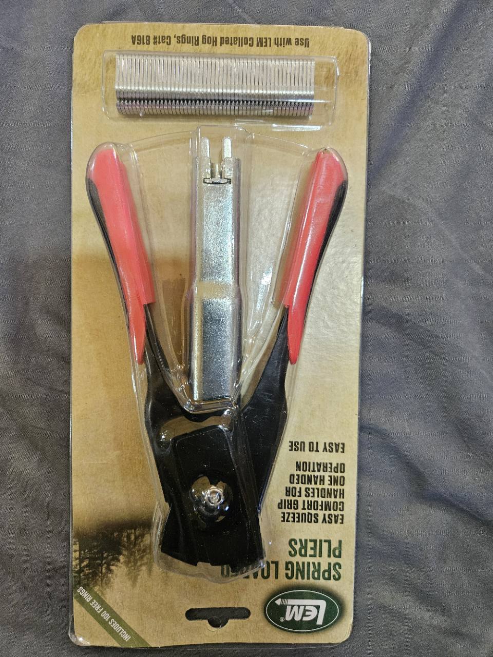 LEM spring-loaded hog ring pliers and 100 rings actual front package