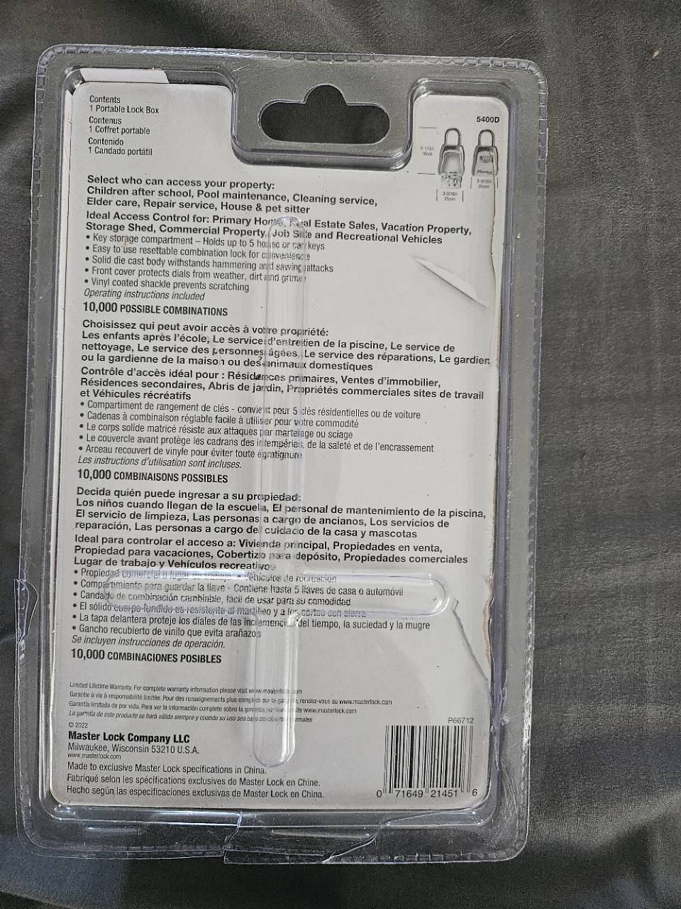 Actual Master Lock 5400D rear packaging specifications