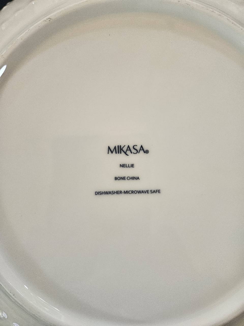 Mikasa Nellie bone china backstamp, dishwasher and microwave safe