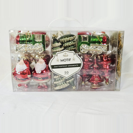 Motif 50-piece shatterproof Christmas ornament set, front
