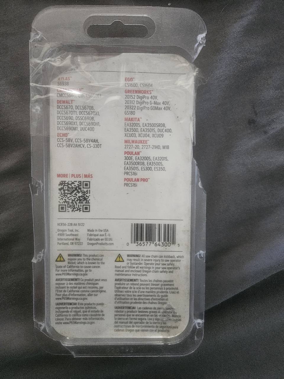 Oregon R56 rear packaging with fitment information and safety warnings