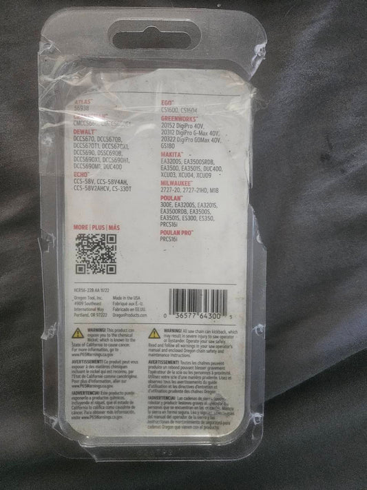 Oregon R56 rear packaging with fitment information and safety warnings