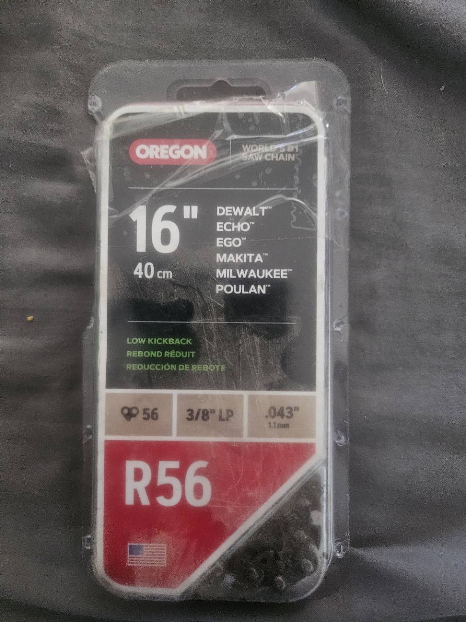 Actual Oregon R56 16 inch chainsaw chain packaging, front