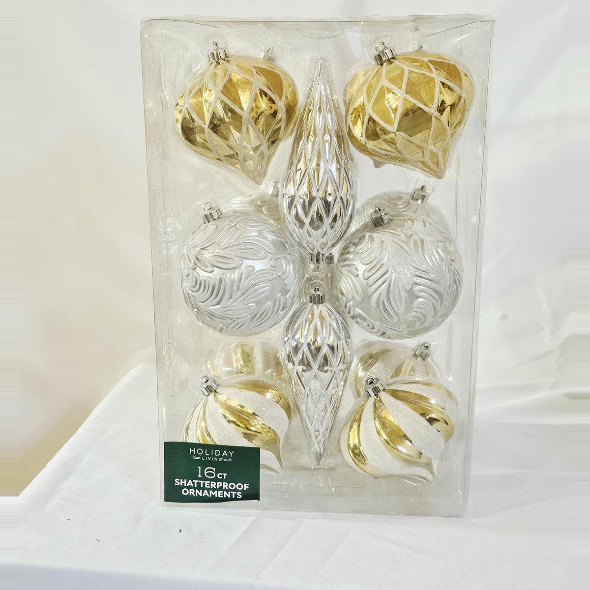 Holiday Living 16-count gold and silver lattice and leaf ornament set, front