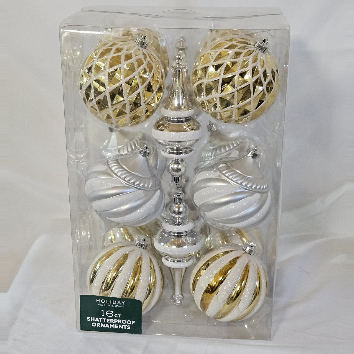Holiday Living 16-count gold, silver and white shatterproof ornament set, front