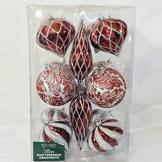Holiday Living 16-count red and silver lattice and leaf ornament set, front
