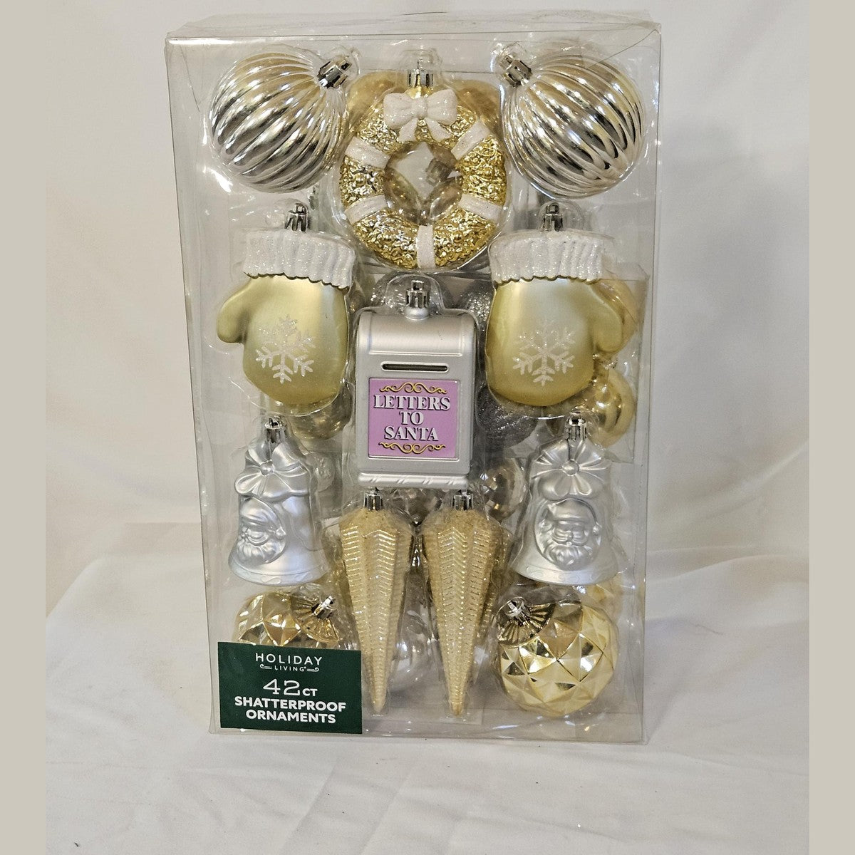 Holiday Living 42 count shatterproof ornaments gold and silver, front