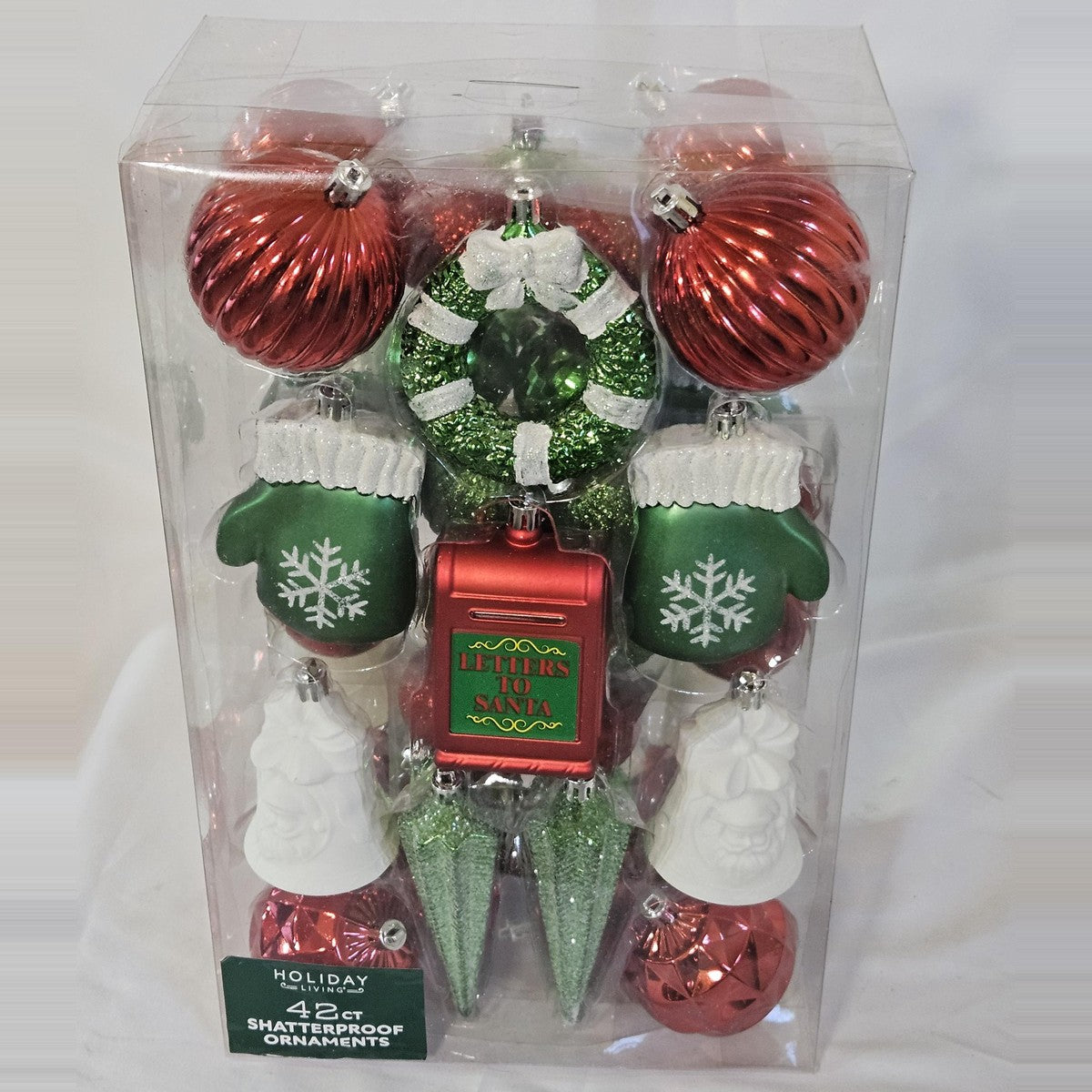 Holiday Living 42-count red, green and white shatterproof ornament set, front