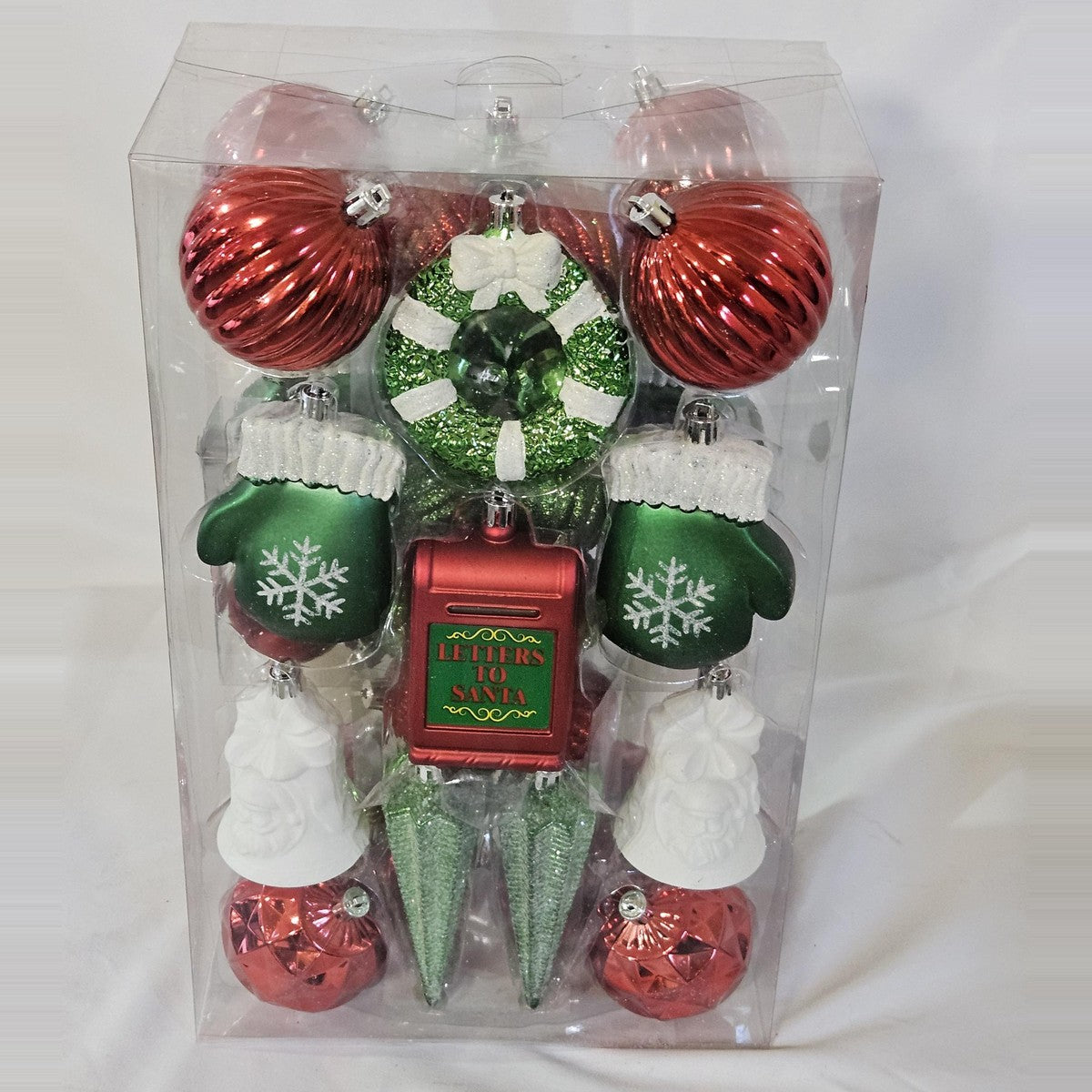 Holiday Living 42-count red, green and white ornament set, back