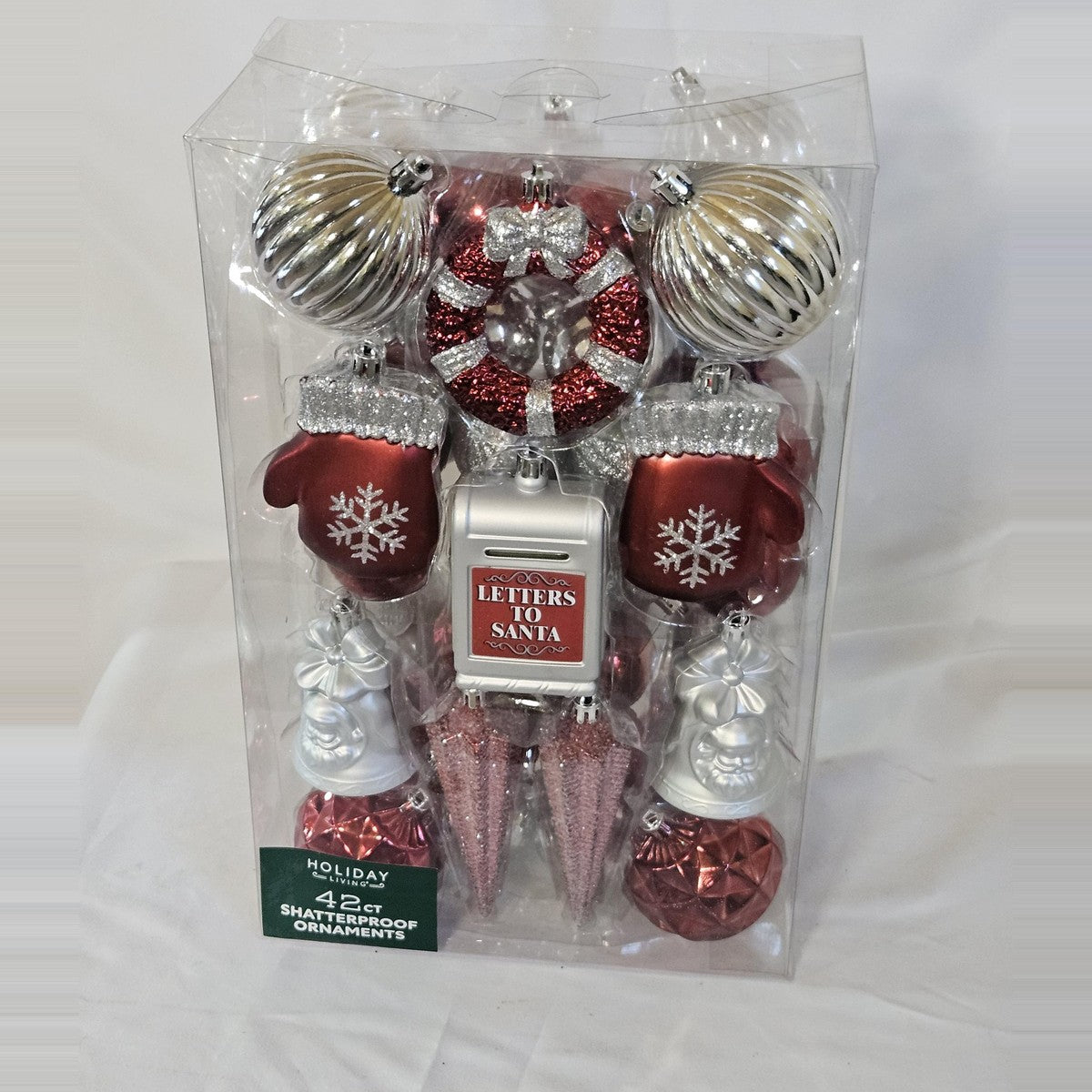 Holiday Living 42-count red and silver shatterproof ornament set, front