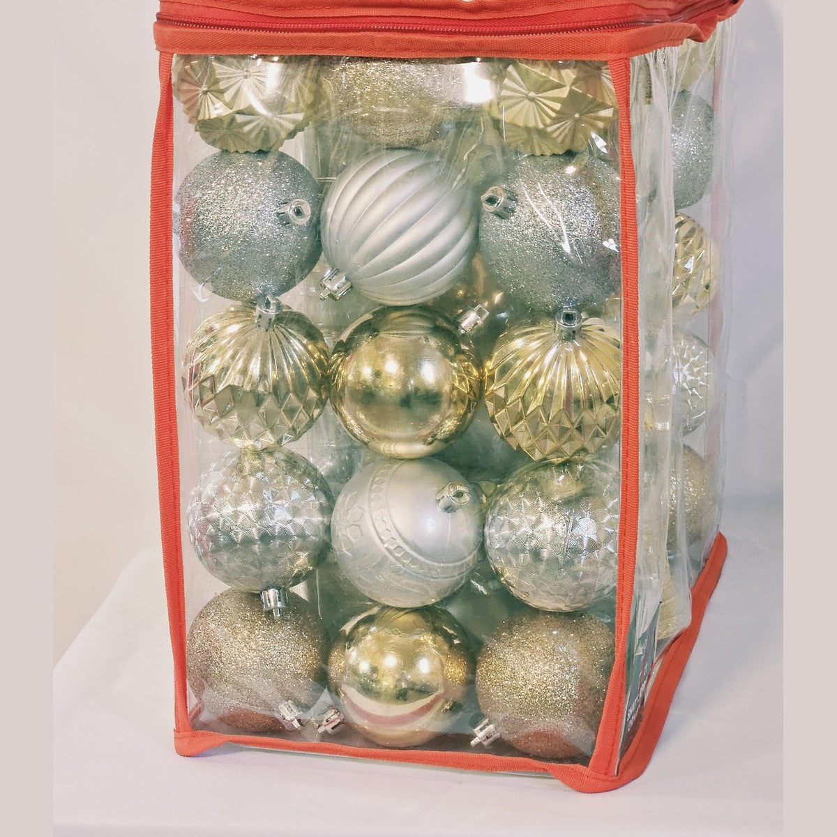 Holiday Living 72 count ornament set, side view of ball ornaments