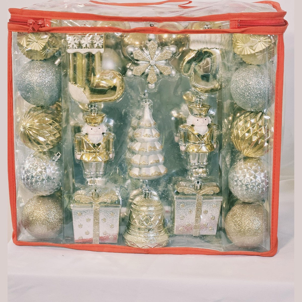 Holiday Living 72 count ornament set, back view with nutcrackers, tree and bell