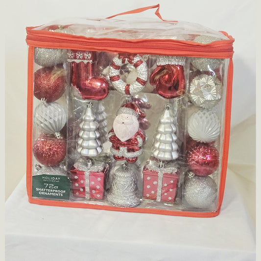Holiday Living 72 count shatterproof ornament set red white and silver, front