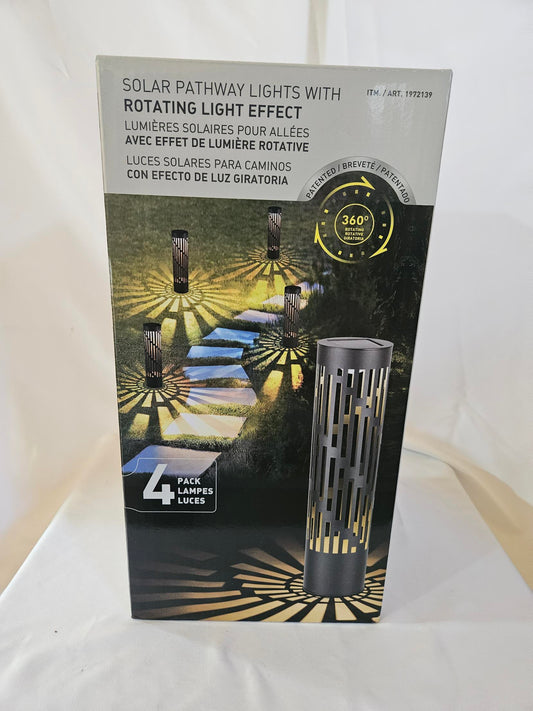 Solar pathway lights with rotating light effect, 4-pack retail box front