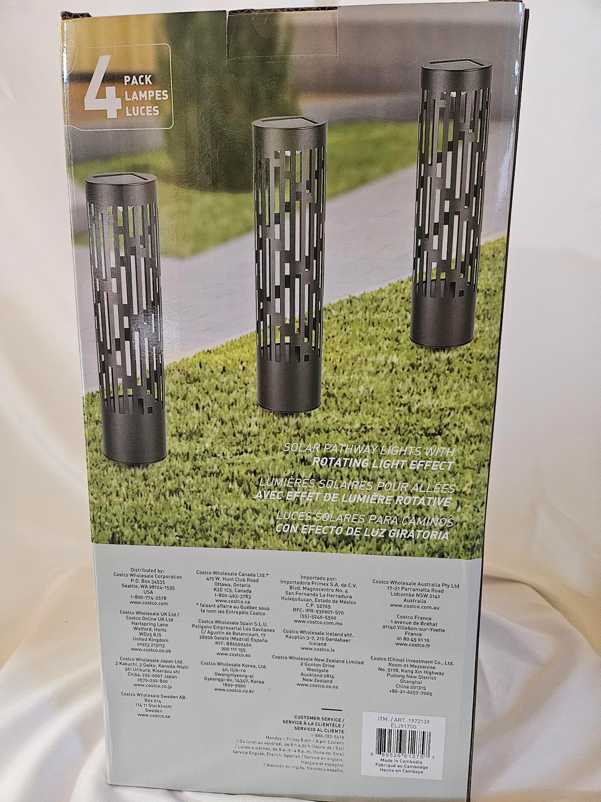 Box back showing three lights installed along a walkway
