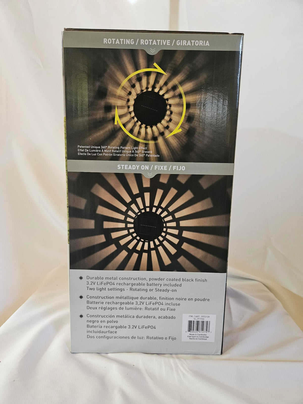 Box side comparing the rotating pattern and steady-on light settings