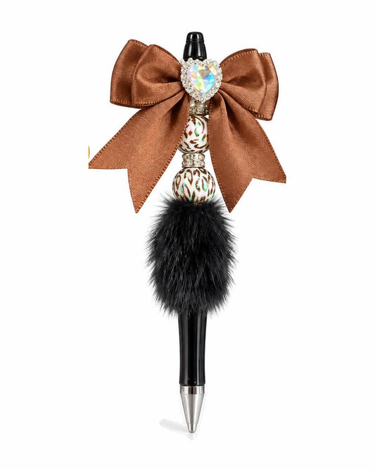 Brown bow and black pom pom beaded pen