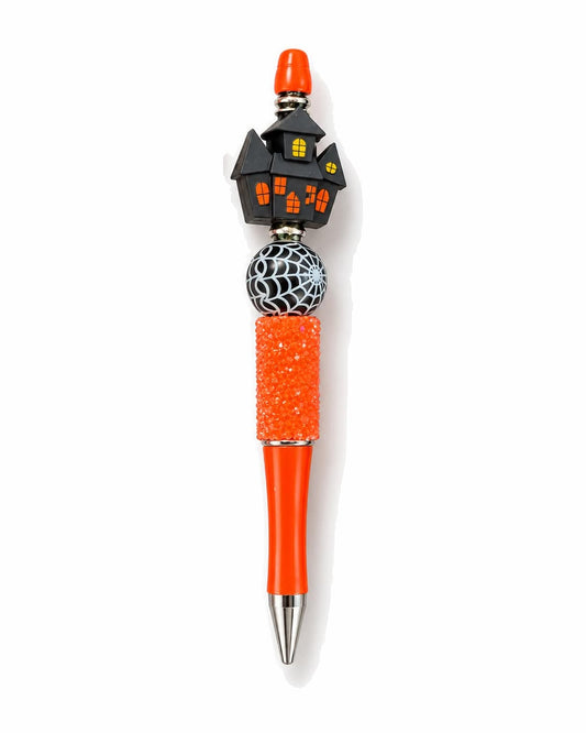 Haunted house Halloween beaded pen with orange barrel