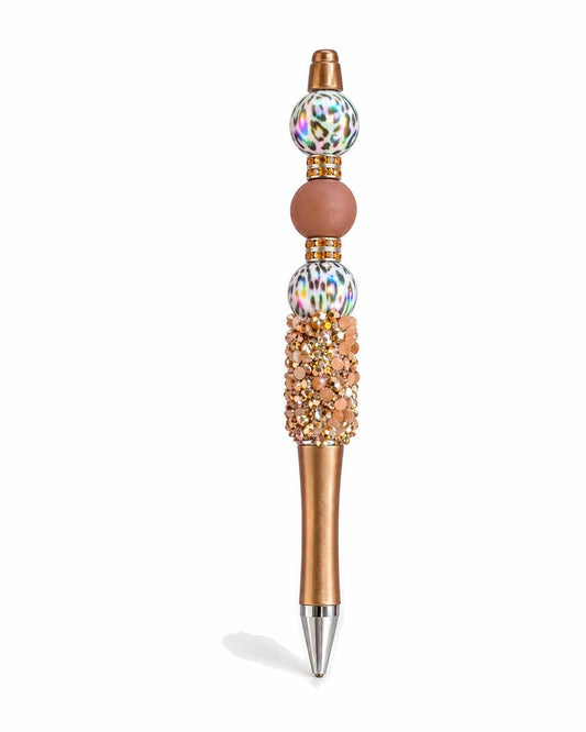 Brown and leopard bronze beaded pen