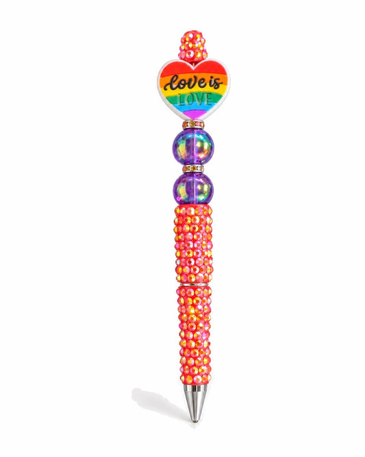 Rainbow love is love heart beaded pen with orange barrel