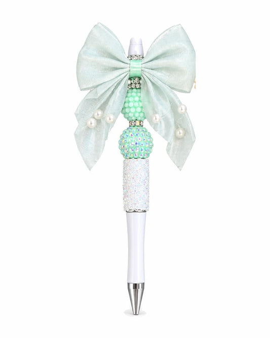 Mint and pearl bow beaded pen