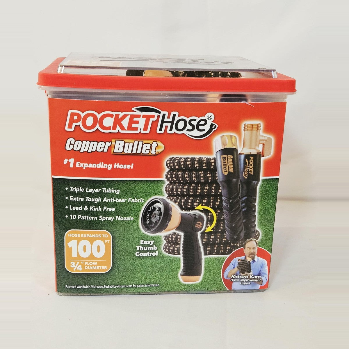 Pocket Hose Copper Bullet 100 ft expanding hose in tub, front