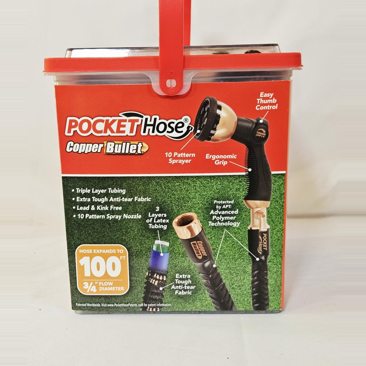Pocket Hose Copper Bullet features: triple layer tubing and 10-pattern nozzle