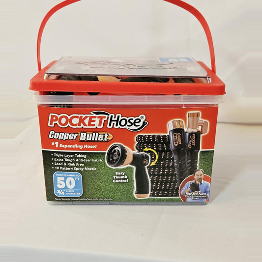 Pocket Hose Copper Bullet 50 ft expanding hose in tub, front