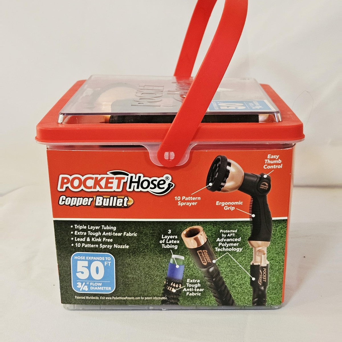 Pocket Hose Copper Bullet features: triple layer tubing and 10-pattern nozzle