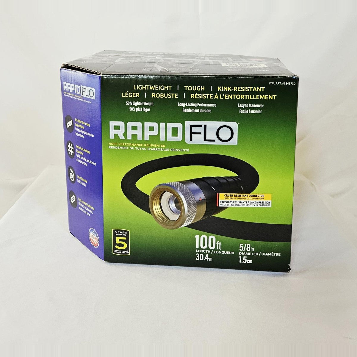 RapidFlo 100 ft by 5/8 in garden hose box, front