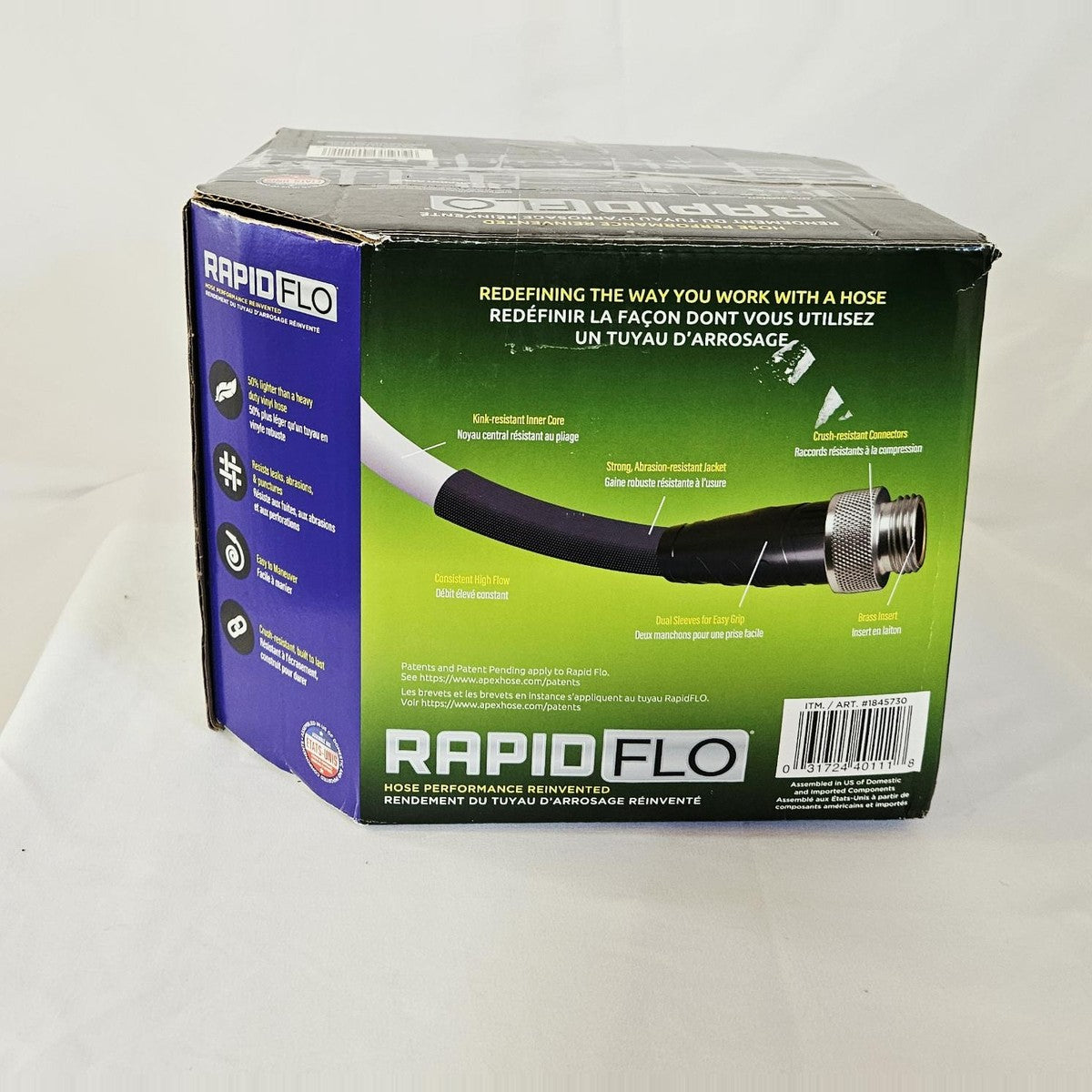 RapidFlo garden hose box, side showing hose features