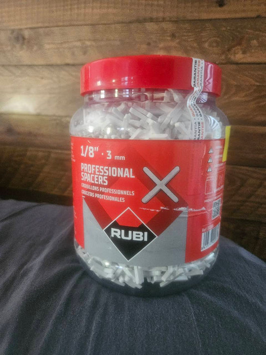 Actual RUBI 1/8 inch professional tile spacers jar, front