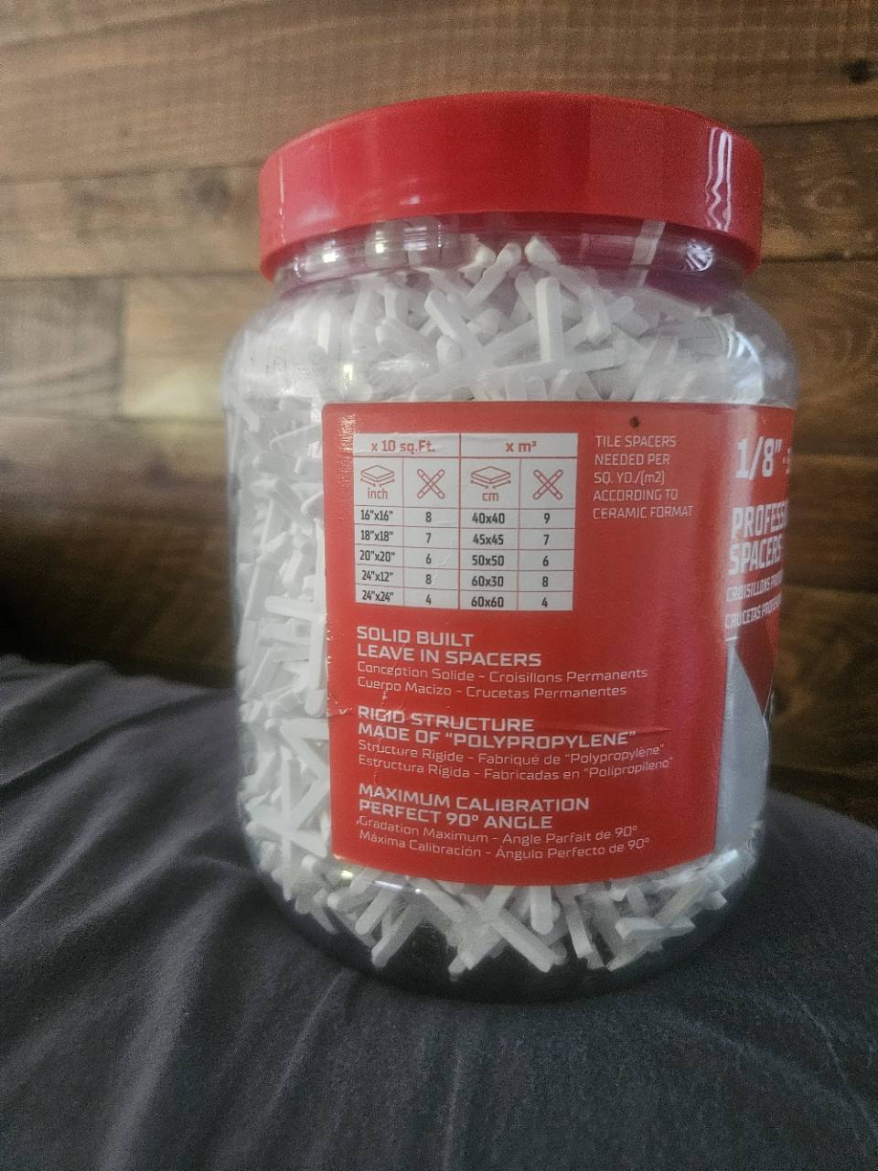 RUBI tile spacers jar side showing polypropylene material and spacing information
