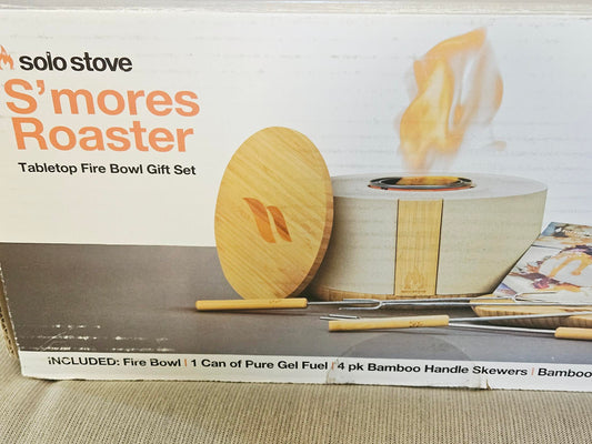 Solo Stove S'mores Roaster gift set box showing fire bowl, bamboo lid and skewers