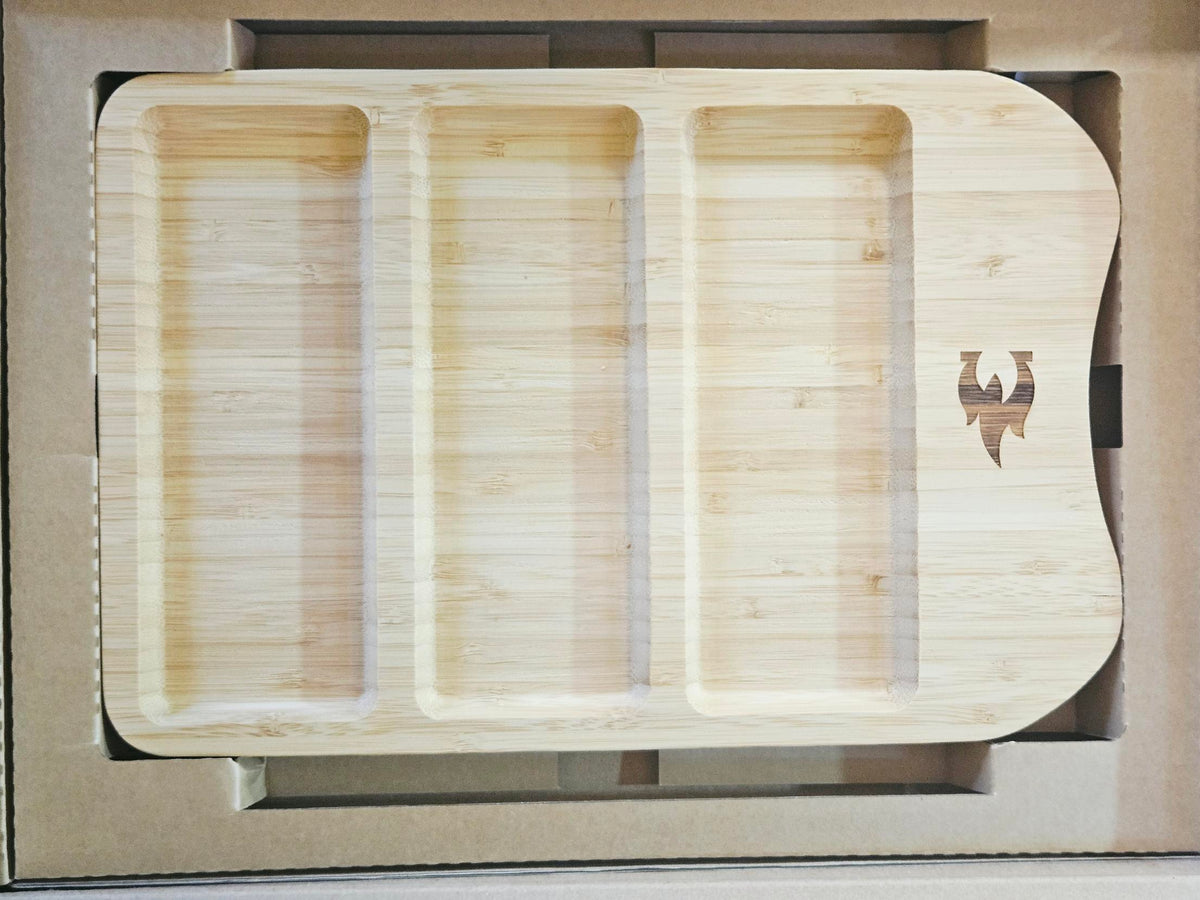 Bamboo three-compartment serving tray included in the set