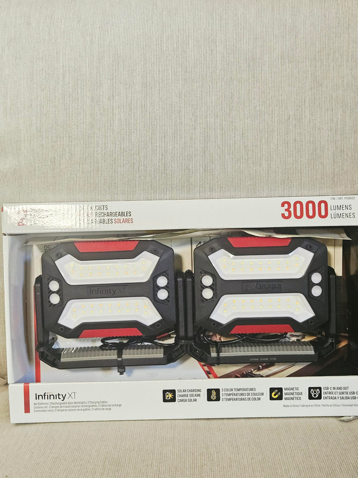 Infinity X1 solar rechargeable work lights 2-pack in open box