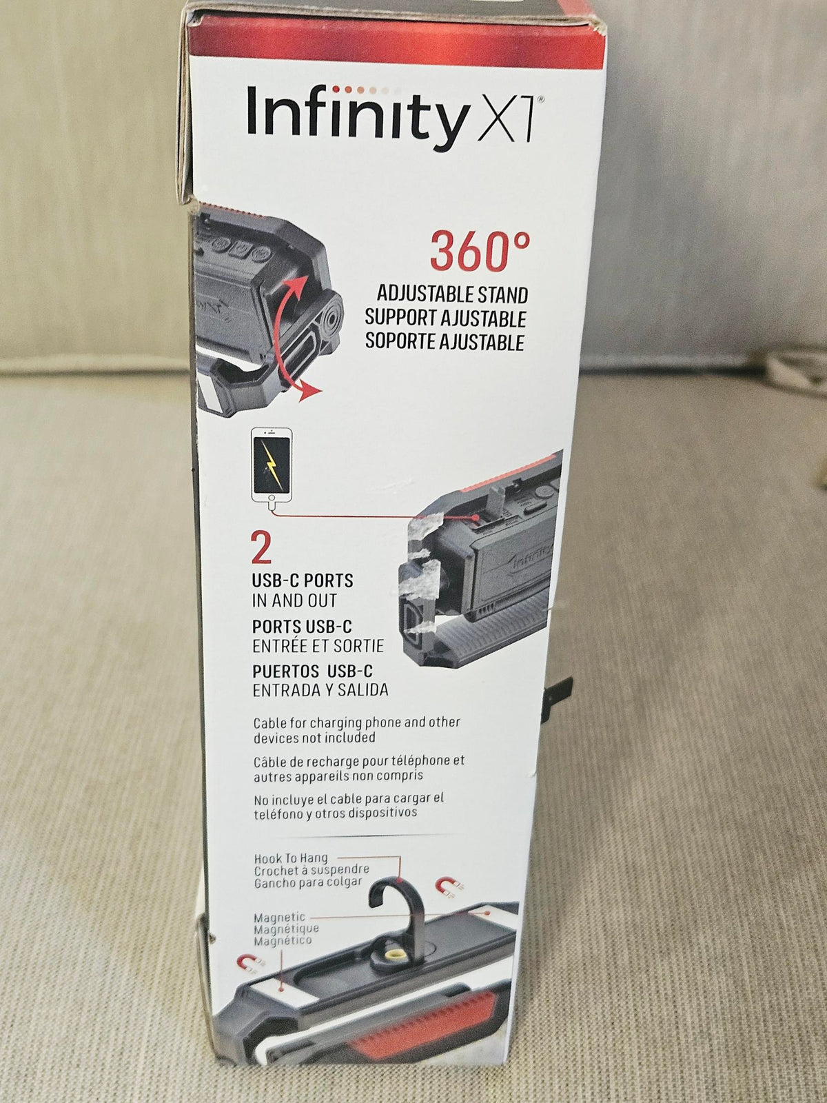 360 degree adjustable stand, USB-C in and out, magnetic hanging hook