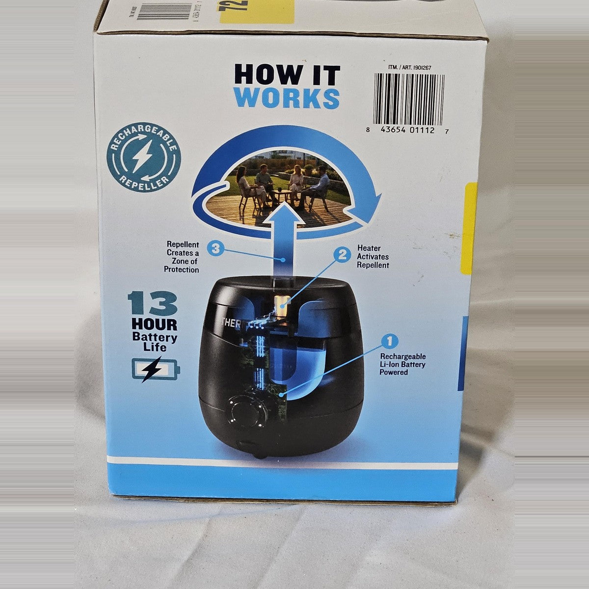 Thermacell box side showing how it works and 13-hour battery