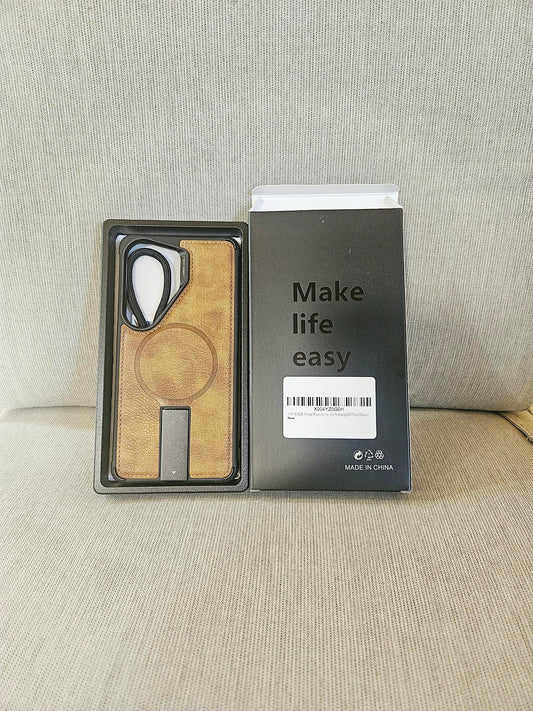VAUSERDY brown magnetic case for Samsung Galaxy S26 Ultra, shown in the open retail box with wrist strap