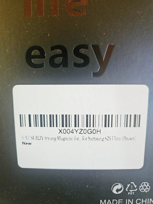 Retail box label showing VAUSERDY strong magnetic case for Samsung S26 Ultra in brown