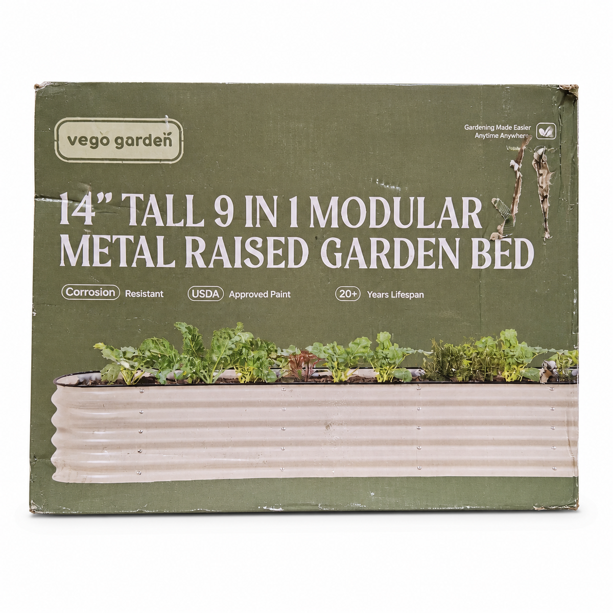 Vego Garden 14-inch-tall 9-in-1 modular metal raised garden bed kit in worn olive-green carton