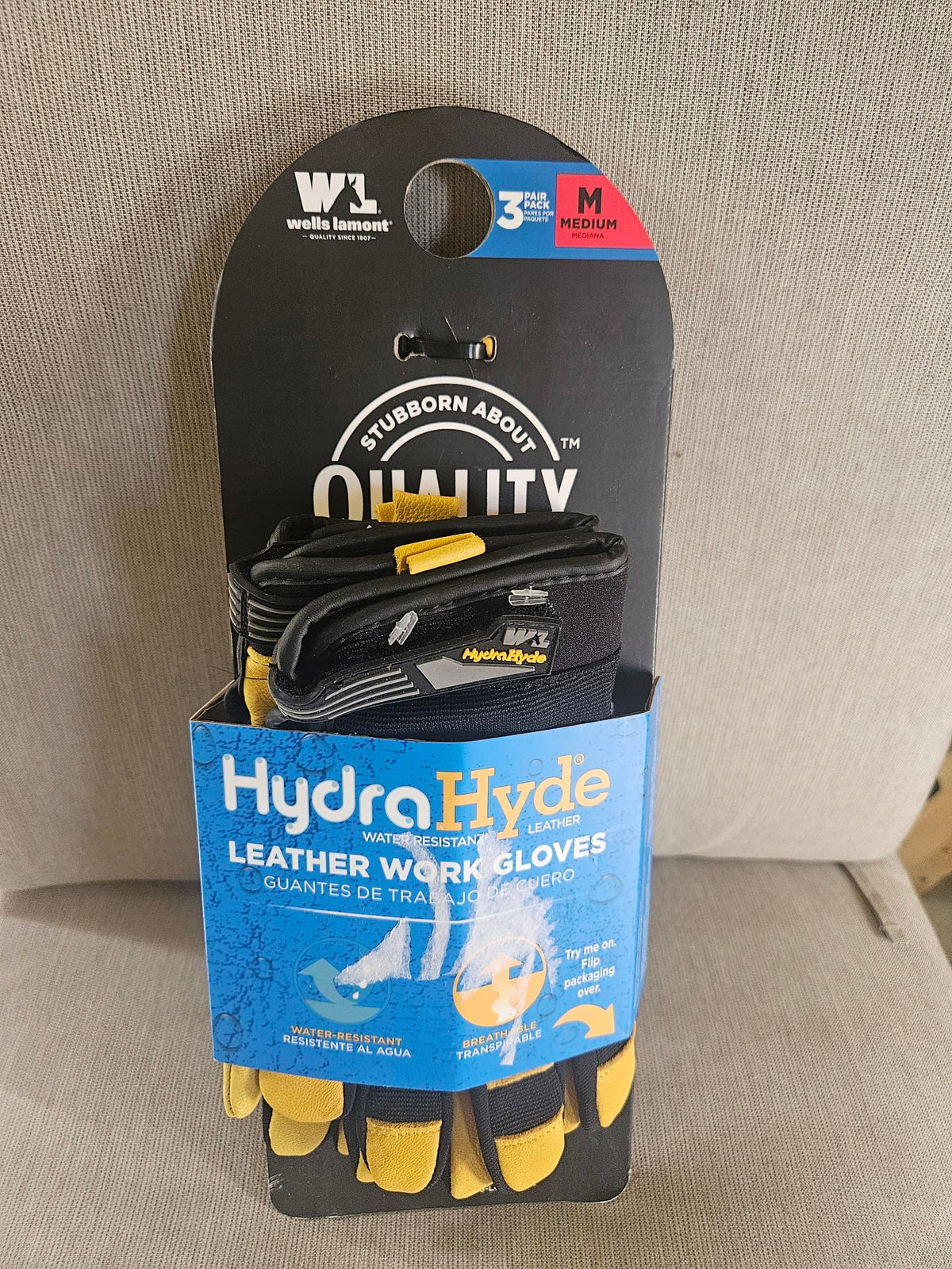 Wells Lamont HydraHyde leather work gloves, 3 pair pack, size Medium, on the original card